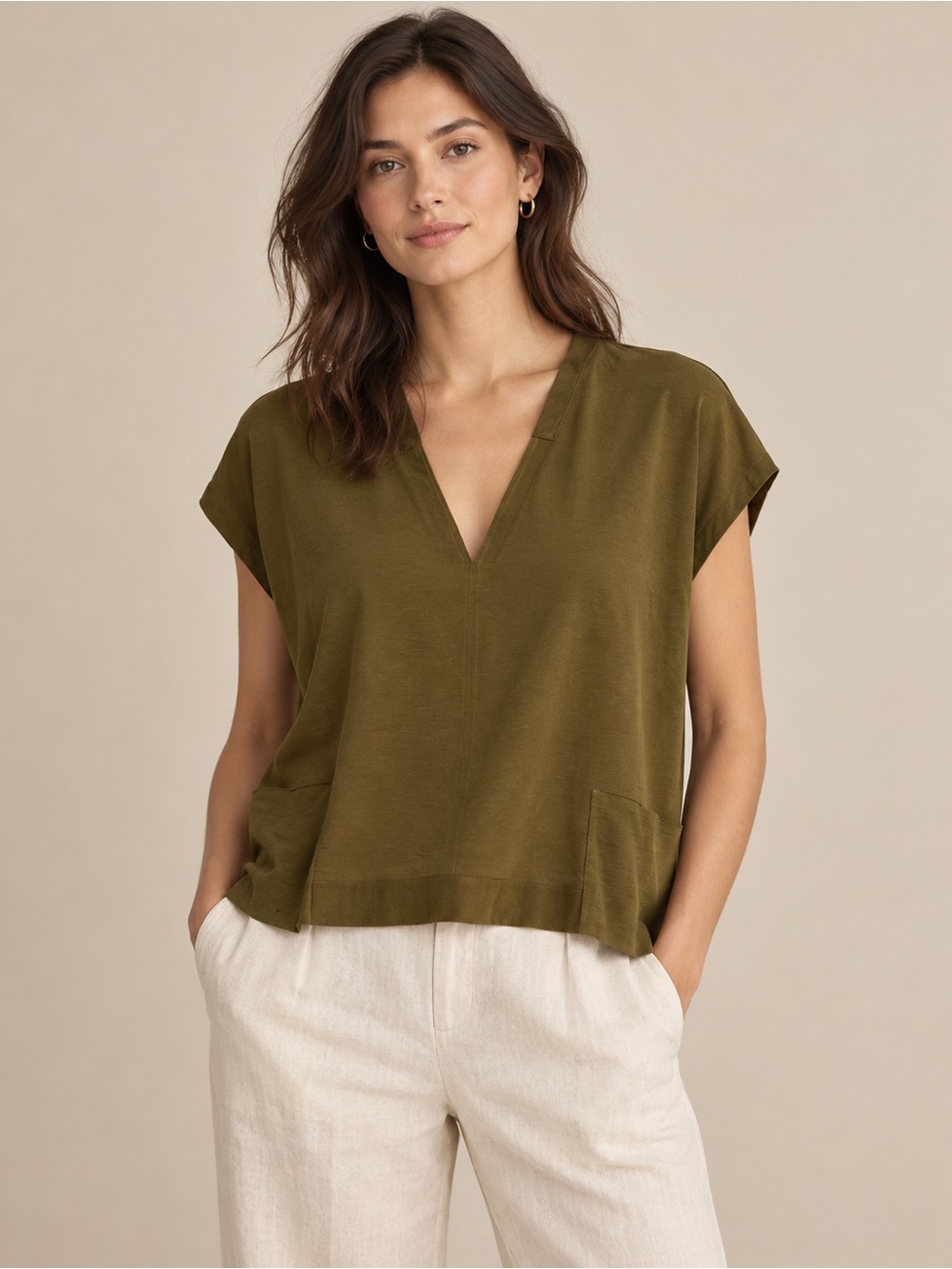 Zara Olive V-Neck Short Sleeve Top Size Small